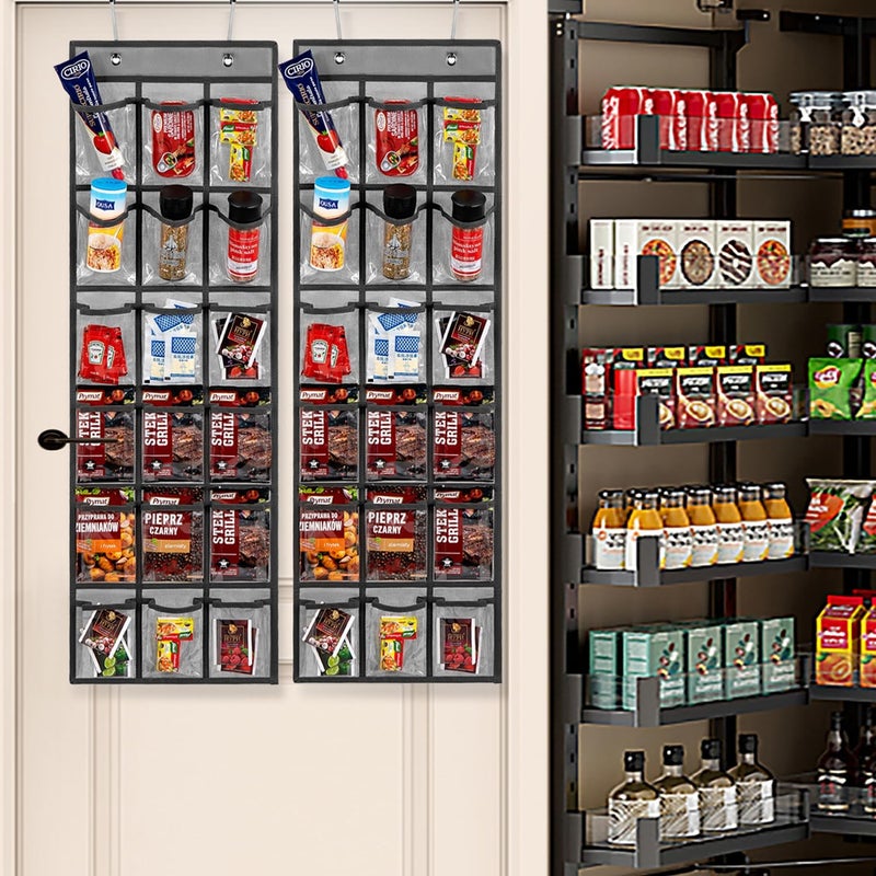 TEMUORG 2 Pack Over the Door Pantry Organizer Hanging Seasoning Packet Storage Wall Mount Spice Holder for Kitchen Snack Food Tea Bag (Grey) - Image 2